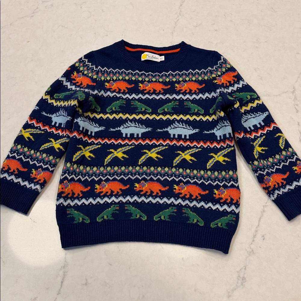 Mini Boden Navy Dinosaur Fair Isle Sweater with Orange, Green, Yellow Accents